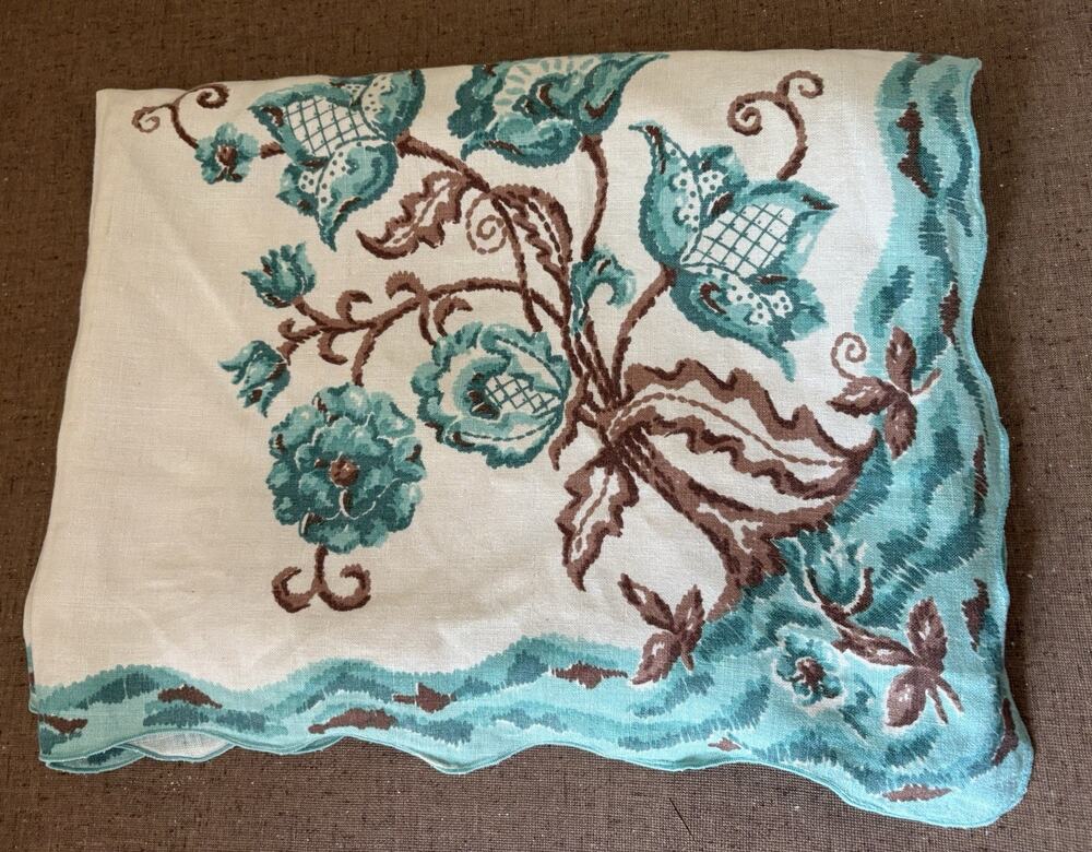 Vintage Tablecloth Cotton Print 57x72” Scalloped Edge Cotton Print Blue Brown